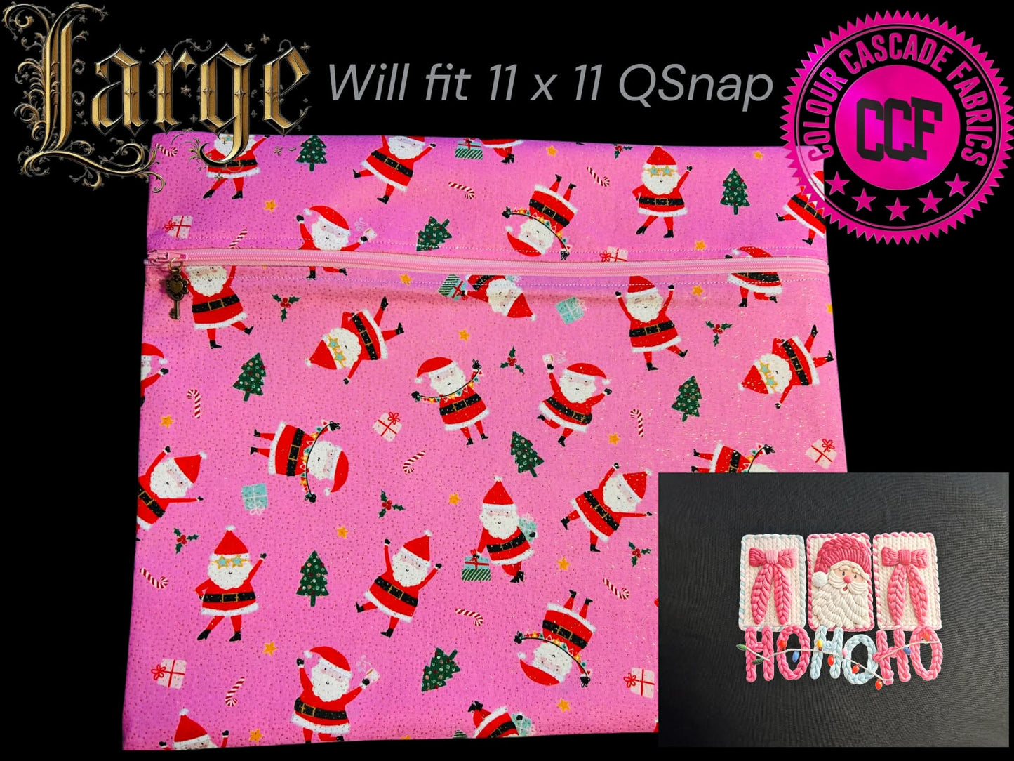 Santa On Pink (Gold Glitter) ~ Large (Pink Zip)