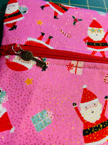 Santa On Pink (Gold Glitter) ~ Large (Red Zip)