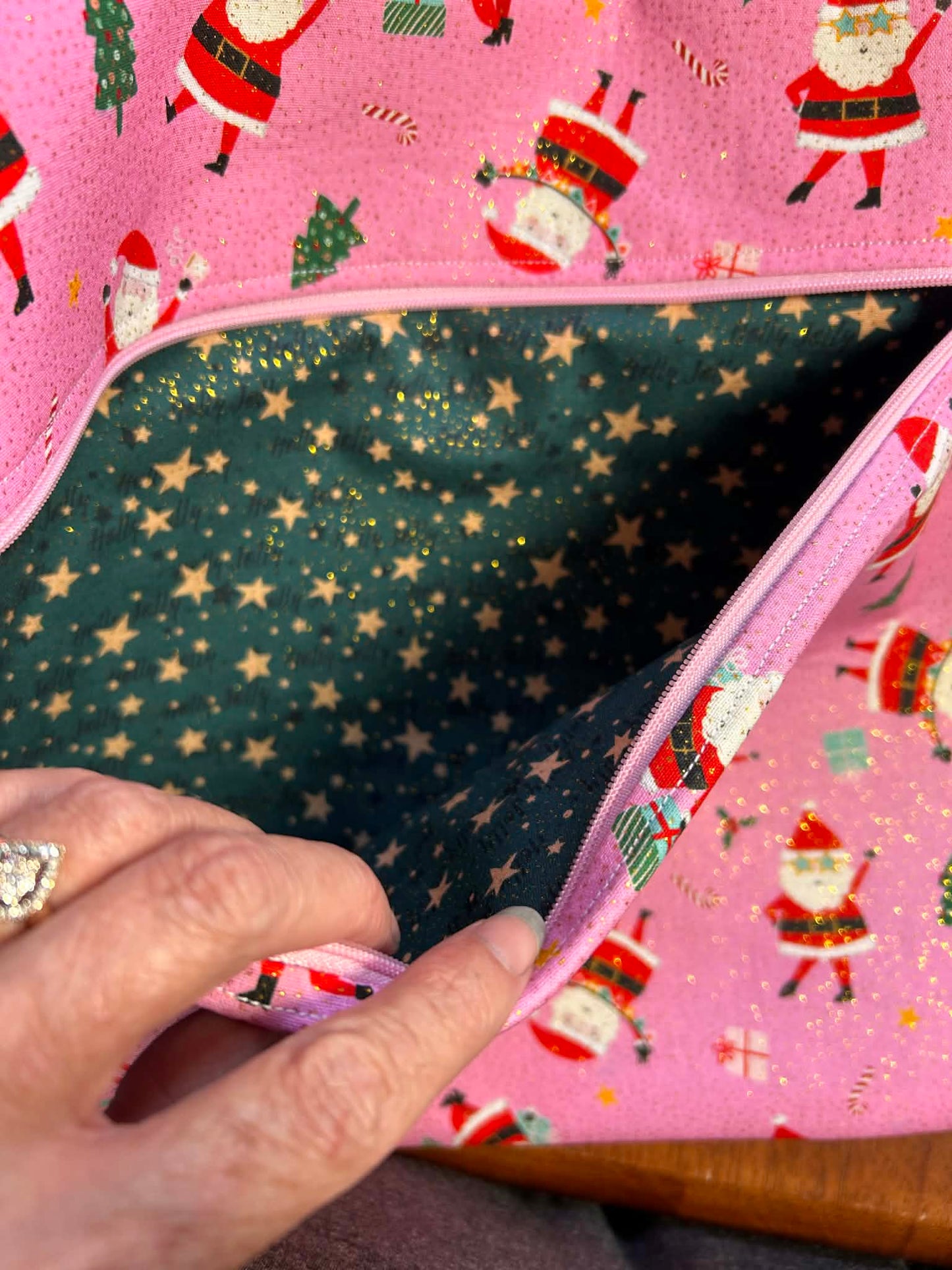 Santa On Pink (Gold Glitter) ~ Large (Pink Zip)